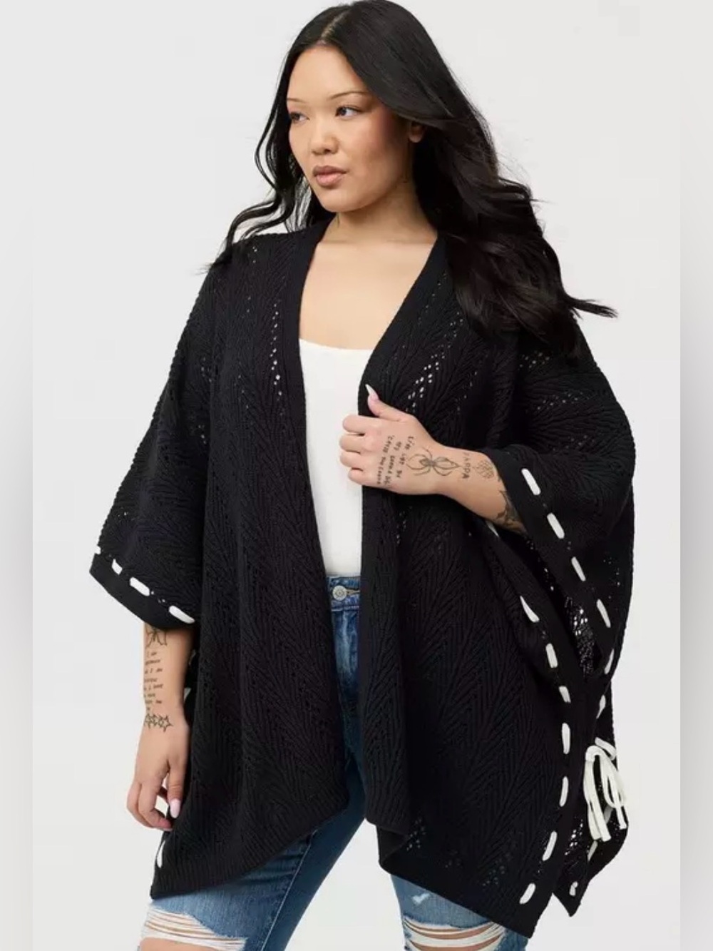 Torrid navy blue knit kimono shawl wrap white ribbon NWT